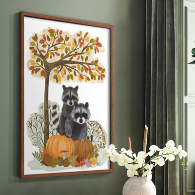 Raccoons On Pumpkins Under Tree Framed Print - Solid Wood
