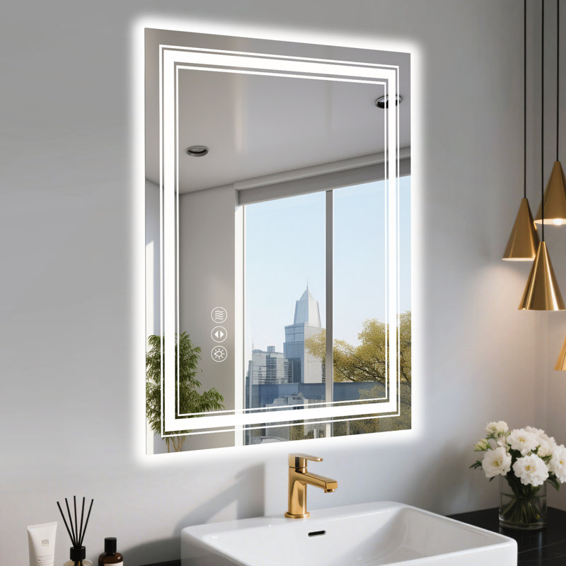 Miroir de salle de bain à DEL sans cadre 20 po x 28 po avec éclairage à intensité variable et fonction antibuée, écoénergétique