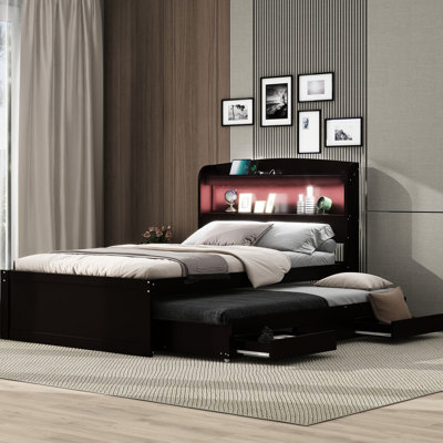 Twin Xl Platform Bed With Large Storage, Led Headboard & Charging, 2 Drawers, Trundle, Dark Size Spacious