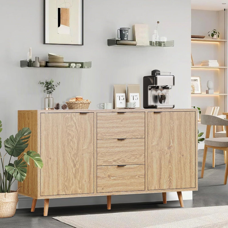 Buffet à 3 tiroirs et 2 portes, armoire de rangement d'appoint en chêne naturel
