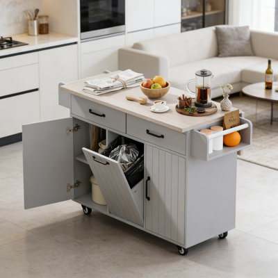 Îlot de cuisine l 51,06 po, panneau de particules P2, abattant, armoires de rangement, roulettes