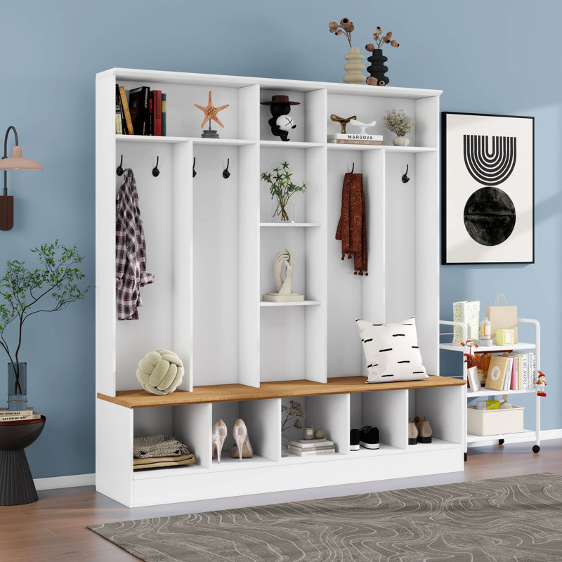 Arbre d'entrée 4 en 1 avec banc de rangement, armoire à chaussures avec rangement cubique et tablettes, portemanteau multifonctionnel avec 8 crochets pour vestibule vestibule