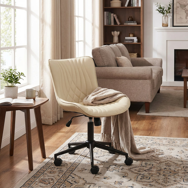Brionni Upholstered Task Chair Swivel Executive Chair Faux Leather Home Office Chair with Wheels, Beige Seat/ Black Frame