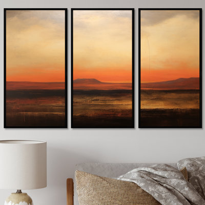 Impressionist Orange Sunset Mountains - Abstract Landscape Wall Art Living Room Set
