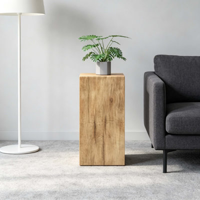Natural Wood-Look MGO Square Column End Table, 27.75" Distressed Finish Indoor-Outdoor Accent Table