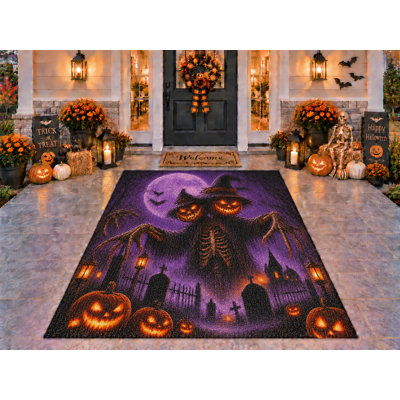Tapis d'extérieur 152 x 213 cm (5 pi x 7 pi) motif épouvantail à deux têtes et lune, épais, imperméable, en PVC bouclé, résistant et à séchage rapide, idéal pour terrasse, balcon, entrée ou porche.
