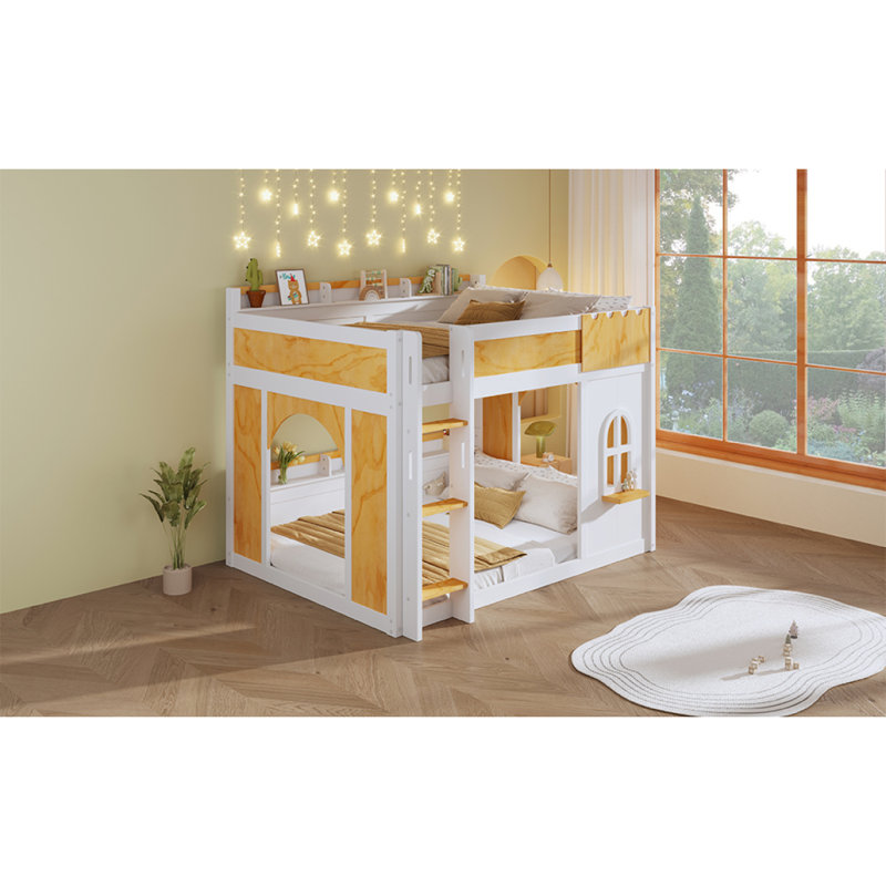 Lit superposé double au-dessus de double avec tablettes de rangement, fenêtre et deux portes, blanc et naturel, Full