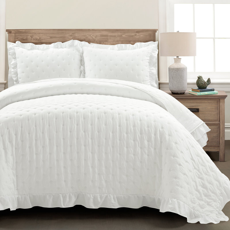 Ensemble de courtepointe réversible 3 pièces Reyna Ruffle, Blanc, Très grand