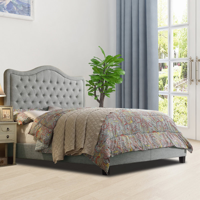 Structure de lit rembourrée en tissu avec tête de lit réglable, support à lattes de bois, lit plateforme capitonné, Grey