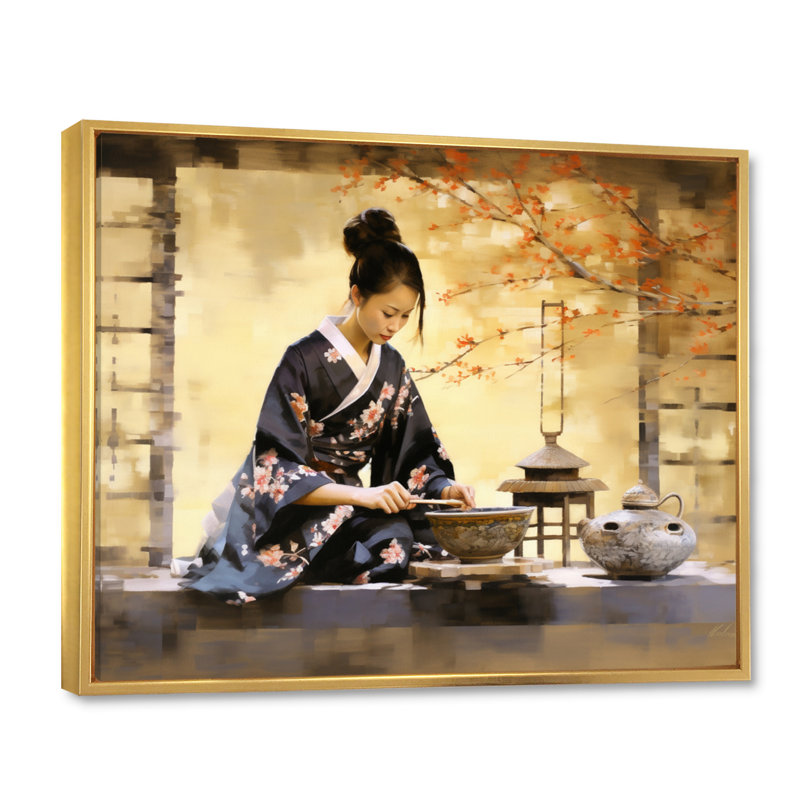 Asian Art Tea Cerémonie II, reproduction d'art sur toile, Cadre flottant doré, H 30 po x l 40 po x P 1,5 po