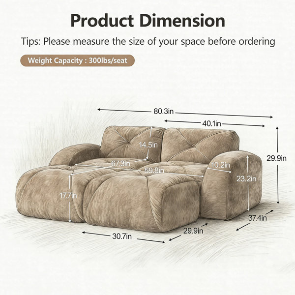 Latitude Run® 2-Seater Boneless Cloud Sofa With 2 Movable Ottoman ...