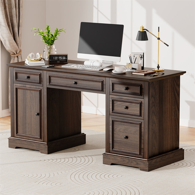 60" Farmhouse Executive Desk With Drawers And Cabinet, Embossed Texture Wood Home Office Desk, Rustic Computer Writing Desk, Workspace For Work Study Writing