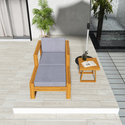 Ensemble de salon d'extérieur en bois d'acacia - chaise et repose-pieds avec coussins amovibles, chaise longue d'extérieur toutes saisons, parfaite pour les patios, les balcons et les jardins, gris