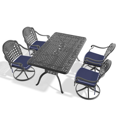 5 chaises toutes saisons avec fonte d'aluminium, 4 chaises pivotantes et table rectangulaire, noir, aluminium d'extérieur acarien, support