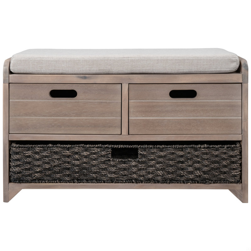 Storage Bench With Removable Basket And 2 Drawers, Fully Assembled Shoe Bench With Removable Cushion, White Washed