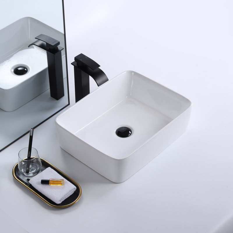Volva, lavabo de comptoir carré en porcelaine 19 po extérieur noir et intérieur blanc, Blanc brillant