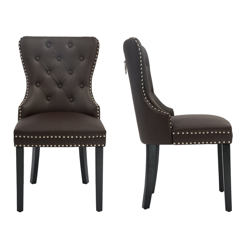 Brown Faux Leather Upholstered Side Chair with Wood Legs, Set of 2