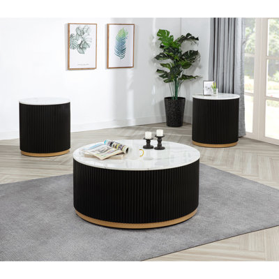 Ensemble de cocktail moderne à 3 pièces du salon: 1 table basse avec 2 tables de bout, plateau d'inspiration marbre, base, base au fini doré pour un look principal: base, table, tables