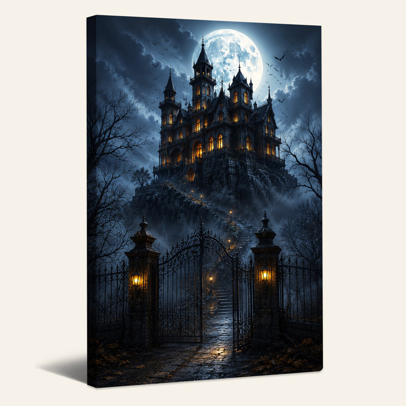 Art mural sur toile, "Gothic Castle on Rocky Hill Under Full Moon", H 24 po x l 16 po