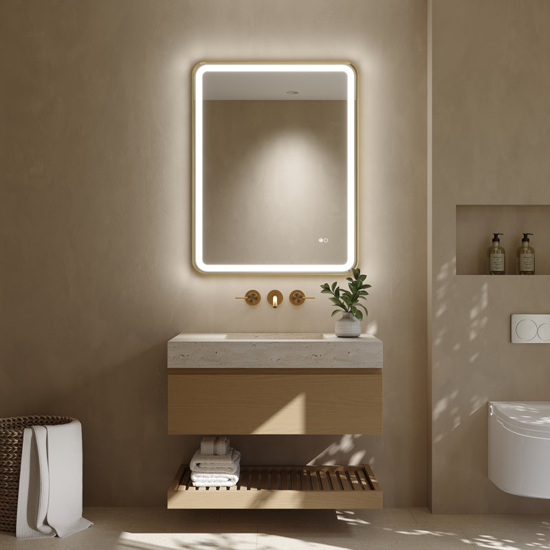 28 in.W x 36 in.H Wall Mounted Bathroom Rectangle Brushed Gold Framed LED Mirror With Anti-Fog, Memory Function, 36" x 28"