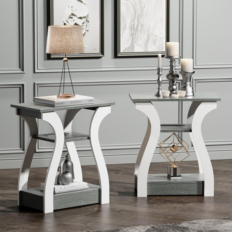 Ensemble de 2 tables de bout avec station de charge, table d'appoint à 3 niveaux avec tablette de rangement, table de chevet multifonctionnelle pour le salon et la chambre à coucher