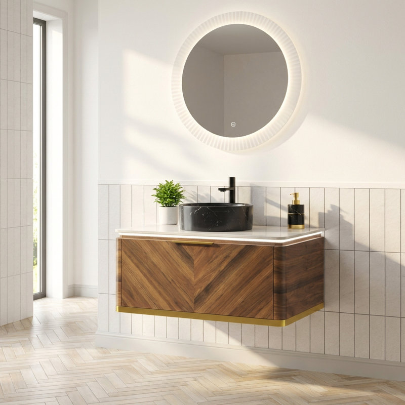Meuble-lavabo de 36 pouces avec lavabo, armoire de rangement flottante avec lumières de tiroir activées par capteur, lavabo rond en céramique noire à motif de pierre et comptoir en pierre frittée, finition grain de bois noyer foncé, pré-assemblé