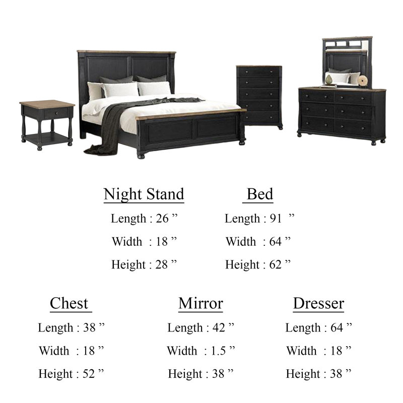 Ginie 5Pc Queen Bedroom Set, USB Bedside Table, Black Rustic Oak Brown