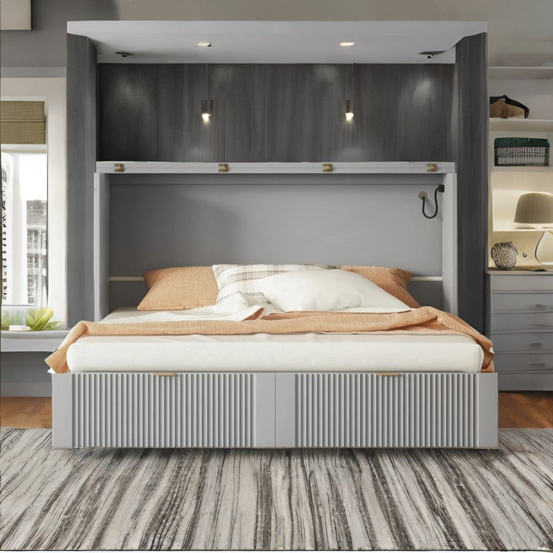 Lit escamotable double pleine grandeur, blanc, Grand, gris