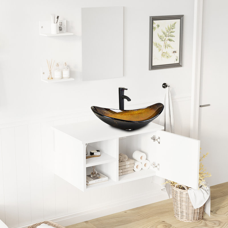 Ensemble de meuble-lavabo mural simple 28 po Mereworth, Noir, Brun foncé / jaune, Noir, noir, noir, noir