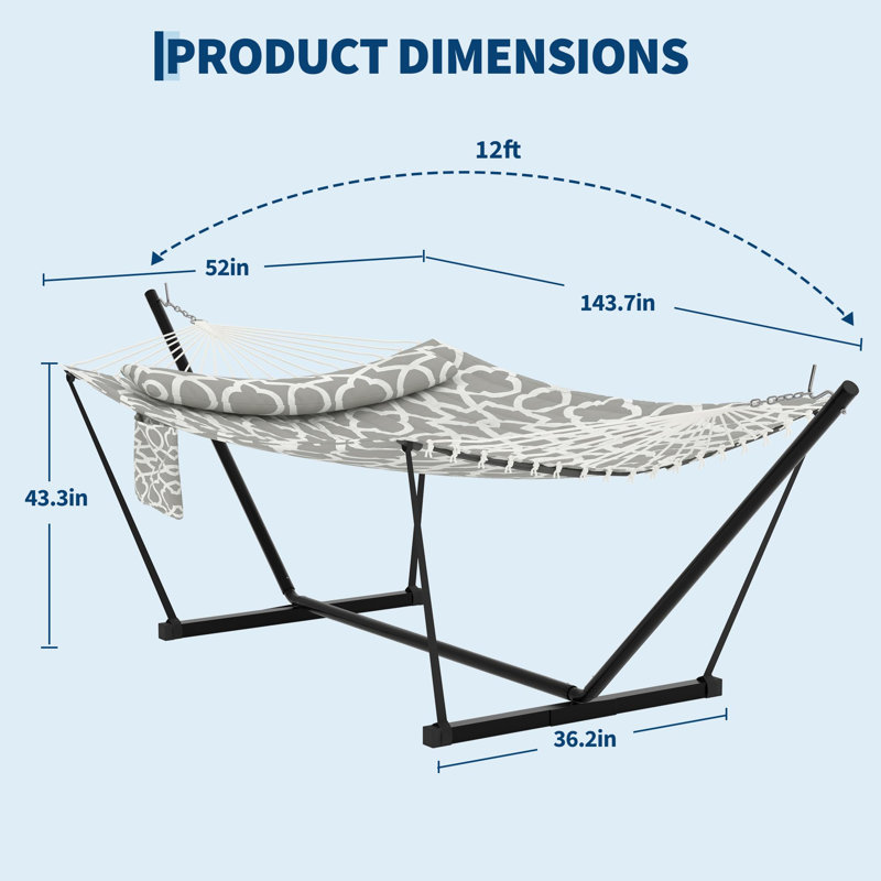 365cm 2 Person Freestanding Double Hammock with Stand, Light Grey Outdoor Hammock Equipped with Pillow & Balance Rope, 204kg Load Capacity for Patio Backyard Poolside