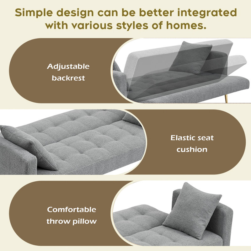 71.7 - Inch Teddy Fleece Sofa Bed With Two Included Throw Pillows, Gray Teddy