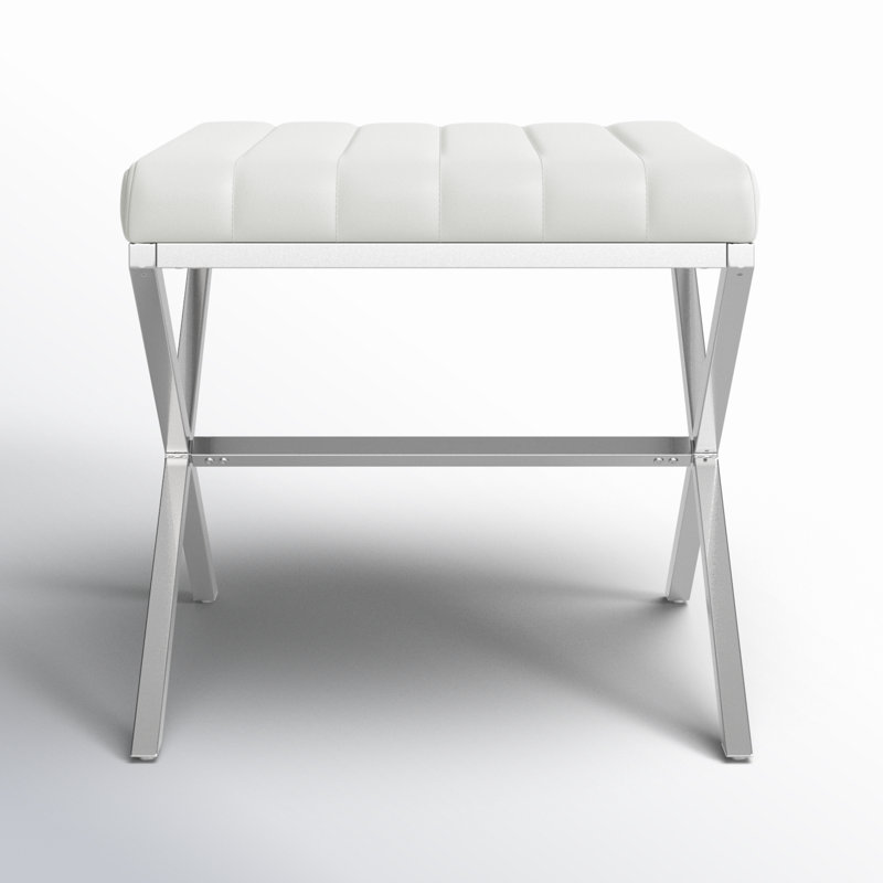 Faux Leather Pollman Iron Vanity Stool Chrome X-Shaped Metal Legs, Silver/White