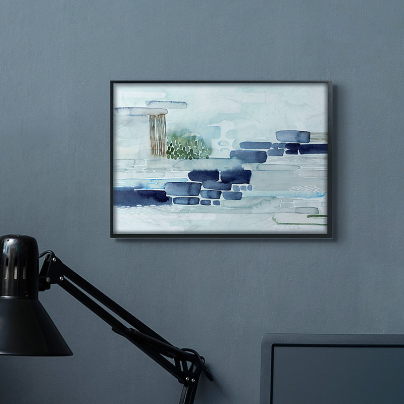 Blocs modernes de paysage côtier abstrait moderne, H 11 po x l 14 po, Giclée encadrée noir minuit