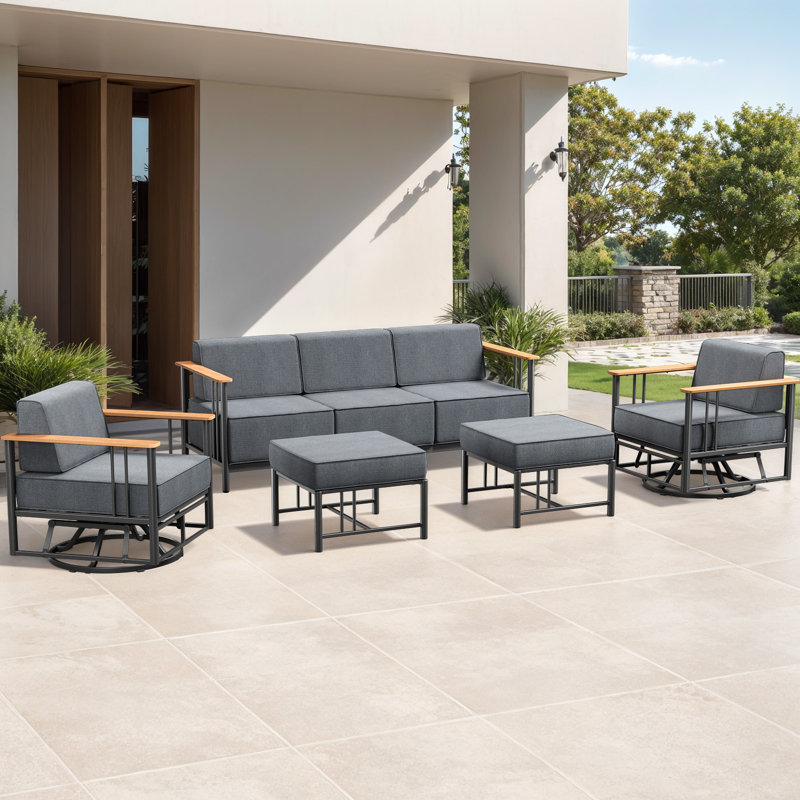 Ensemble de patio 5 pièces en osier avec canapé, 2 chaises berçantes pivotantes et repose-pieds, Gris, Noir