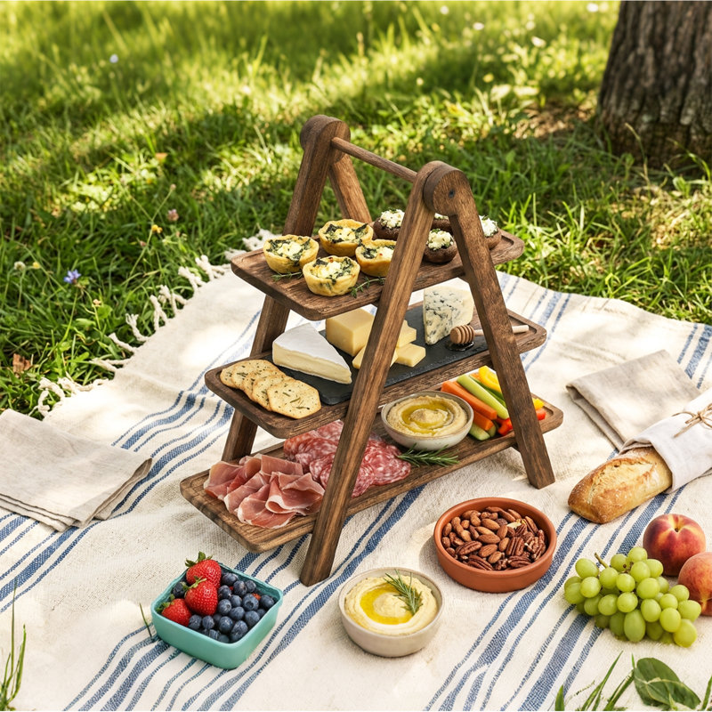 3-Tier Collapsible Wood Tray Stand, Paulownia Finish Multi-Level Display Rack with Detachable Trays for Kitchen Counter & Table