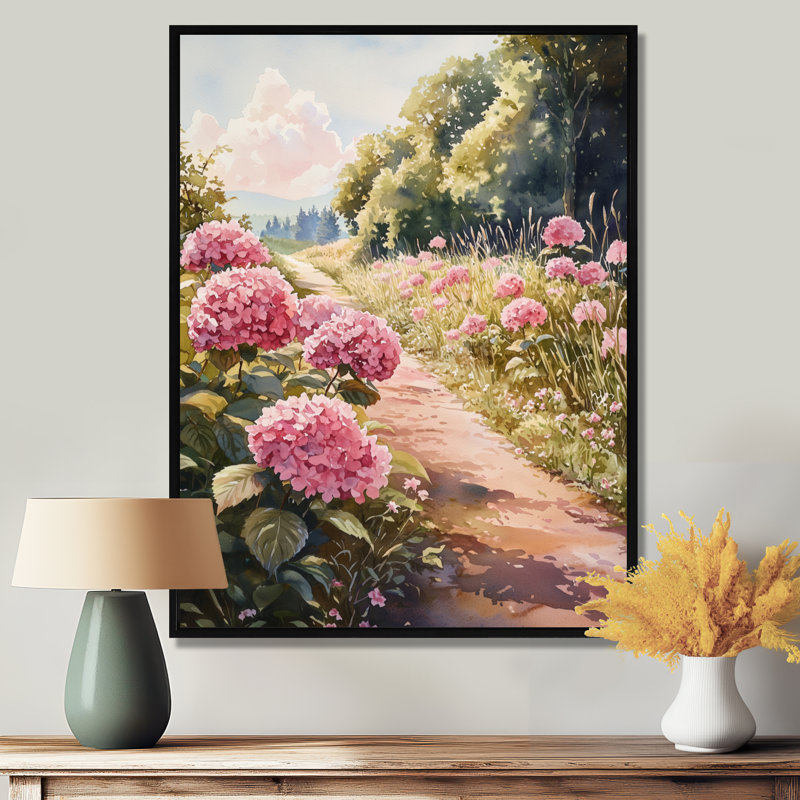 Hortensias dans une allée de campagne II - hydrangées, art mural, Noir, Reproduction avec cadre flottant, H 20 po x l 12 po