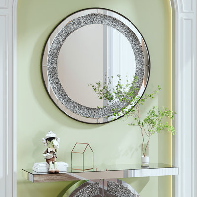 Miroir rond argenté 33,46 pouces clouté de cristaux, conception sans cadre, idéal pour la décoration murale