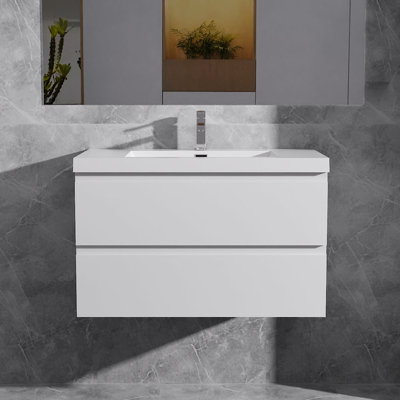 Ensemble de meuble-lavabo flottant simple 36 po avec lavabo à surface solide Joshau