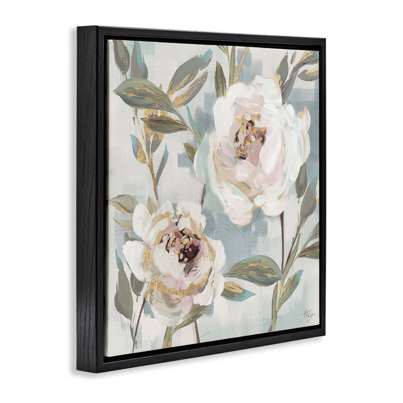  «White Peony Duo», art mural sur toile par Nina Blue, H 25 po x l 25 po, Cadre flottant noir de jais