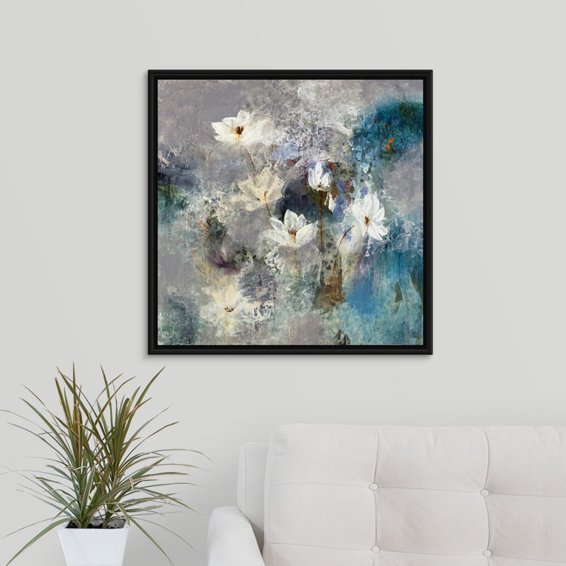« gathering lilies », peinture sur toile, H 31,7 po x l 31,7 po x p 1,75 po, Cadre flottant noir