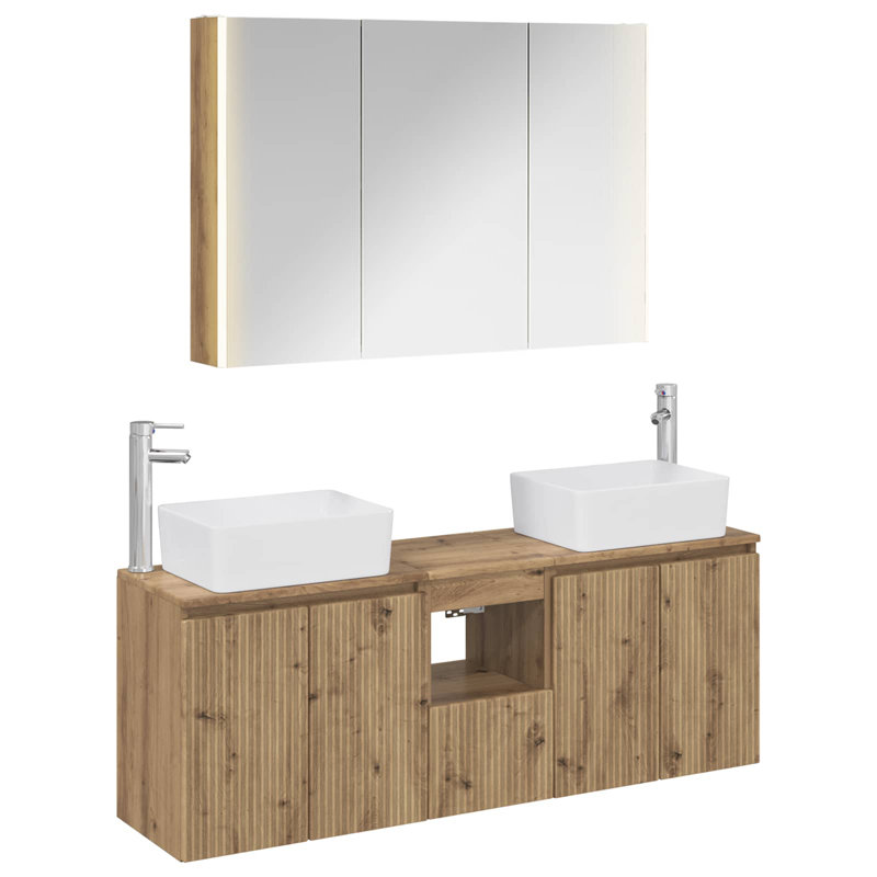 Vanity & Mirror Set, Light Medium Wood