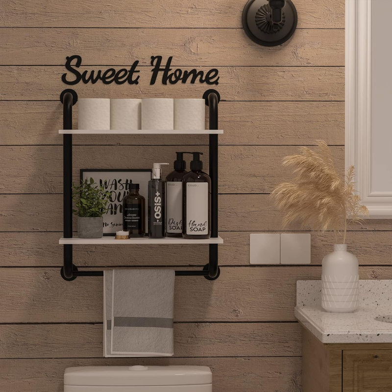 Bathroom Shelves Wall Mounted, Rustic Farmhouse Pipe Shelves, 2-Tier, Industrial Shelving, Floating Shelf Decor For Bathroom, Kitchen, Bedroom, Living Room 17.3 Inch