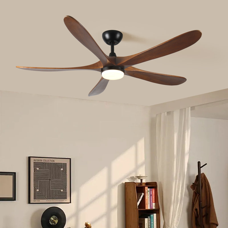 Blade Span 52 In. LED Indoor Ceiling Fan With Light Kit And Remote Control, Black with Dark Brown Wood Blades