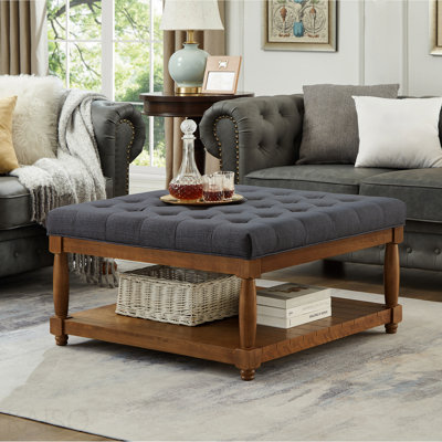 Grande table basse avec repose-pieds carré capitonné, tablette en bois massif - gris anthracite