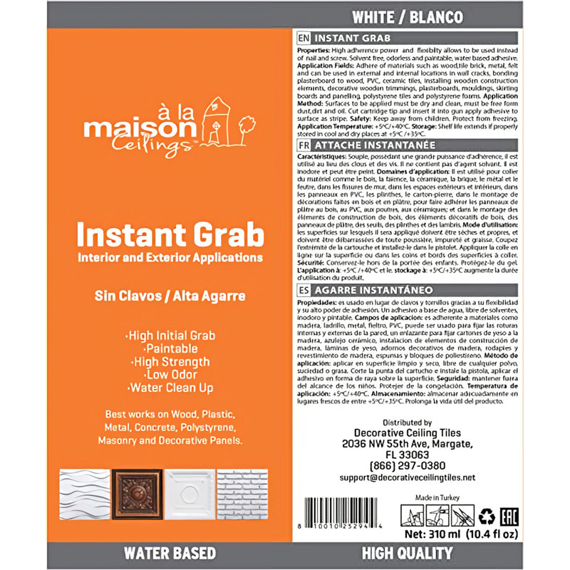 Instant Grab - Ceiling Tile, Wall Panel and Crown Molding Water Based Adhesive