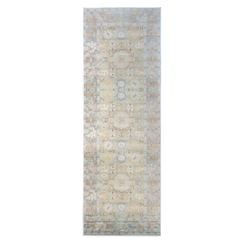 Modern Green Oushak Machine Washable Runner with Built-in Padding & Non-Slip Backing, Runner 2'6" x 8'