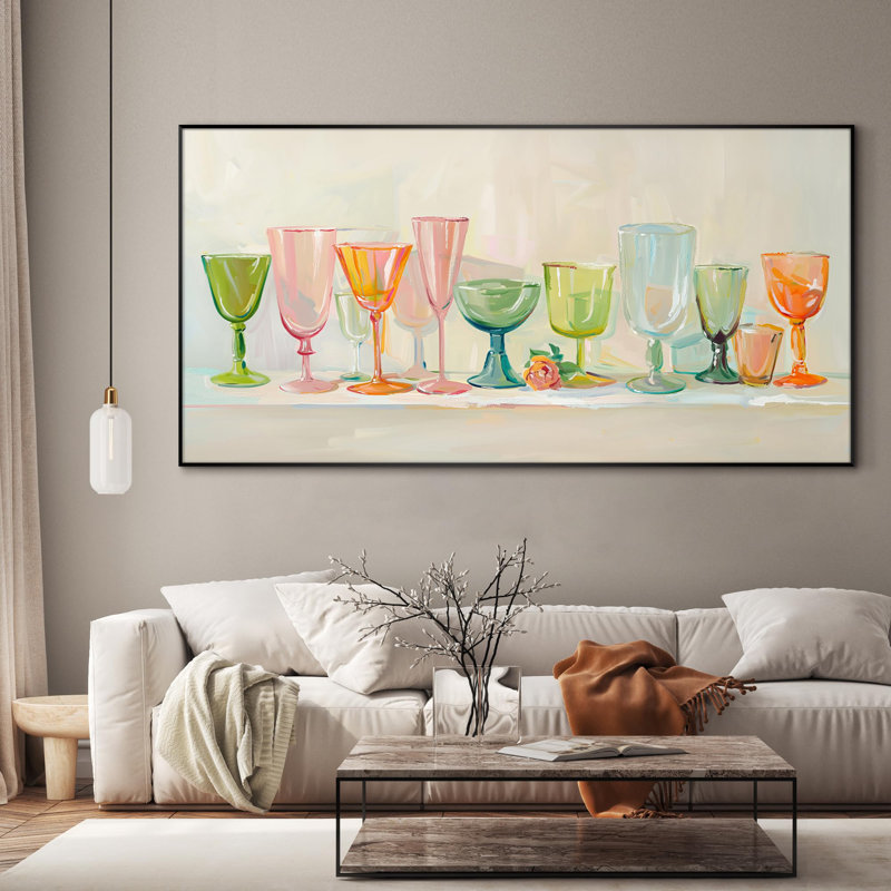 Très grand art mural imprimé sur tissu - Collection de verrerie pastel rétro, illustrations, décoration pour le salon ou la chambre à coucher - «Assemblage requis du cadre (cadre non fini)»