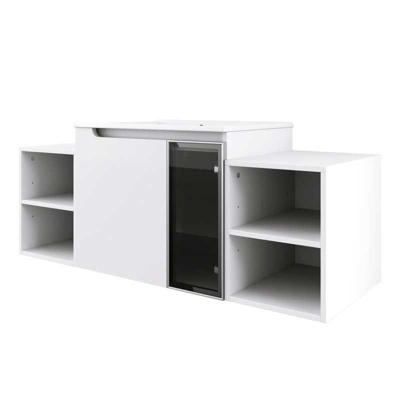 Meuble-lavabo mural 48 po avec lavabo en céramique, portes en verre blanc lustré et gris, 2 tablettes de rangement, 48"