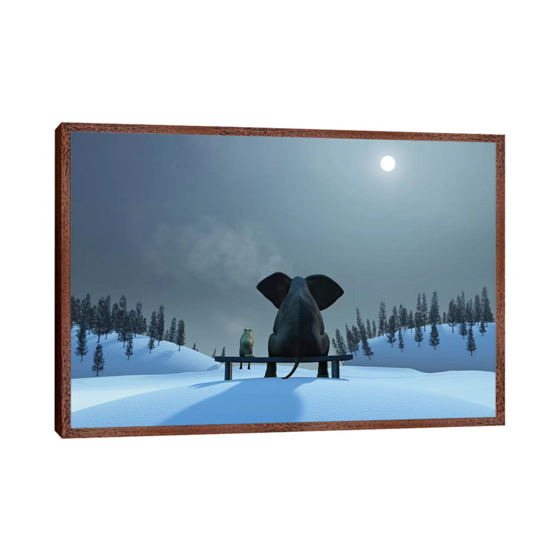 Elephant And Dog At Christmas Night by Mike Kiev - Print on Canvas, Classic Brown Wood Framed Canvas, 66.04 cm H x 45.72 cm W