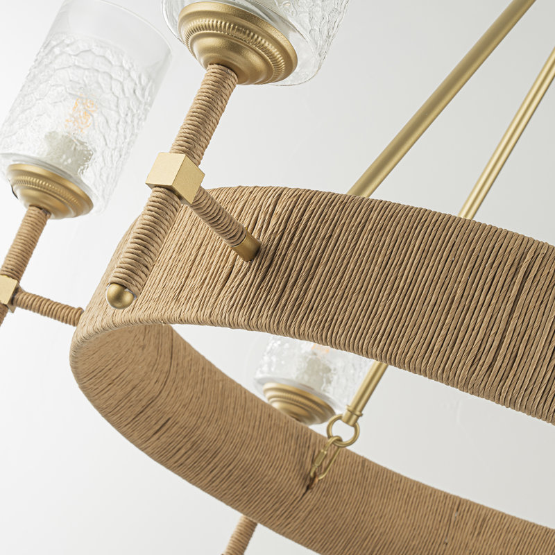 Modestas 6-Light Gold Farmhouse Woven Rattan Wagon Wheel Chandelier for Living Room